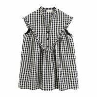 ZZOOI 2020 women vintage v neck plaid print casual loose mini dress ladies agaric lace decoration vestidos chic brand dresses DS3607