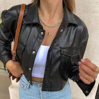 ✿☏✓ Imitation Leather Crop Jacket Color Sleeve Front Lapel Coat with Pockets Streetwear