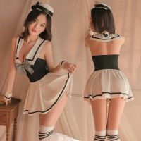 Fun Lingerie Sexy Nightgown Deep U Bow Tie Bra Sleeveless Flight Attendant Sailor Suit Student Uniform Set