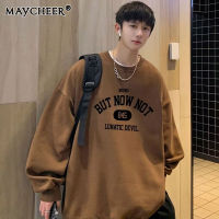 MAYCHEER เสื้อสเวตเตอร์ลำลองสำหรับผู้ชาย,เสื้อยืดแขนยาวบางพิมพ์ลายโมโนแกรมทรงหลวมไซส์ใหญ่พิเศษ