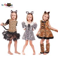 Eraspooky Cute Cartoon Animal Cosplay Girls Tiger Leopard Dress Halloween Costume For Kids Christmas Carnival Outfit Headband
