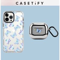 Casetify เคสหูฟังไร้สาย ลายผีเสื้อ สีฟ้า สําหรับ For iPhone Airpods 1 2 3 1st 2nd Gen Pro 11 12 13 Pro Max