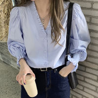 [EWQ] Fashion Chic Ruffle V-neck Single Breasted Long Sleeve Shirts Women Autumn 2021 New Loose Puff Sleeve Blue Tops 16R987