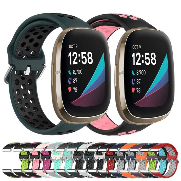 สำหรับ-fitbit-sense-สายนาฬิกาข้อมือซิลิโคนระบายอากาศแบบมีรูพรุนสองสี-แดง-เทา-ขายเอง