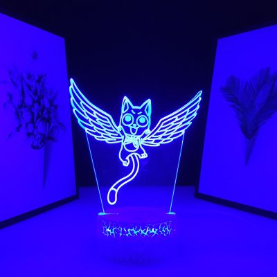 3D Fairy Tail รูป Cat Happy Fly โคมไฟอะนิเมะ Night Light สำหรับเด็ก Bedoom ตกแต่ง LED Touch Sensor เปลี่ยนสี Nightlight