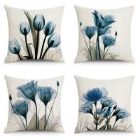 【JH】 Cross-border blue ink flower linen printed pillowcase home car office