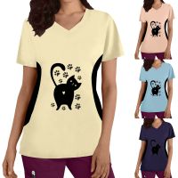 เสื้อยืดแขนสั้นพิมพ์ลายแมวคอวีสำหรับผู้หญิงขนาดพิเศษเสื้อยืดสำหรับผู้หญิงเสื้อยืดสำหรับฤดูร้อน