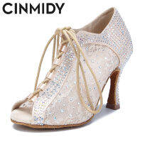 CINMIDY รองเท้าเต้นรำละตินของผู้หญิงด้วย Rhinestone ลูกไม้ตาข่ายสายรัดรองเท้าเต้นรำบอลรูมพรรครองเท้าผู้หญิงรองเท้าแต่งงาน