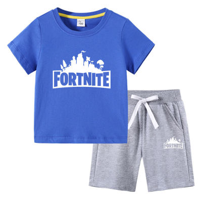 Fortnites เซ็ต2ชิ้นเสื้อยืดสไตล์เกาหลีเด็กหญิงเด็กชายแฟชั่นฤดูร้อนใหม่ลำลองเด็กเสื้อแขนสั้นลายการ์ตูนผ้าฝ้ายกางเกงขาสั้นสูท0000