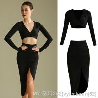 New Latin Dance Clothes For Women Long Sleeve Tops Black Skirts Sexy V Neck Slit Salsa Dance Costume Practice Dress Suit Adult