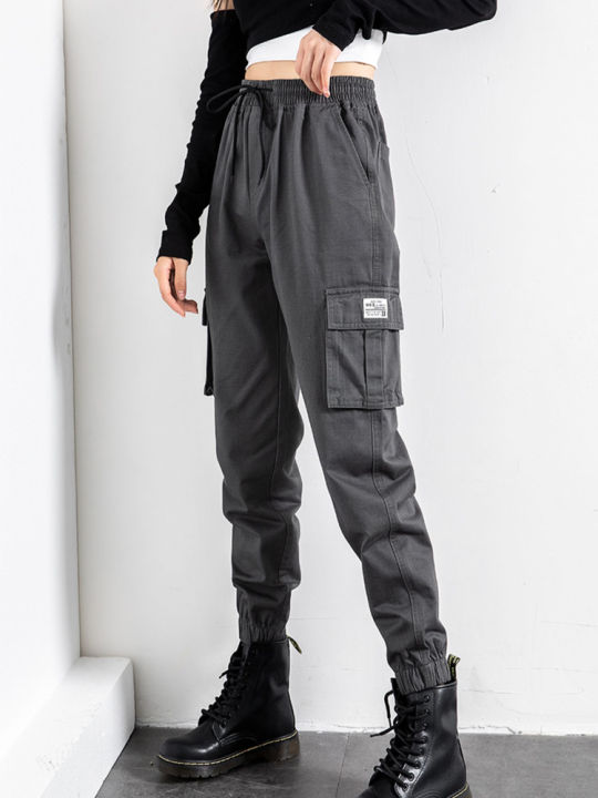 กางเกงแฟชั่นวินเทจสำหรับผู้หญิง-กางเกงคาร์โก้แฟชั่น2023-y2k-กางเกงเชือกผูกทึบทรงหลวมแนวสตรีทแวร์