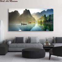 ภูมิทัศน์ผ้าใบ Wall Art, Misty เรือสีเขียว Lake With ภูเขาภาพพิมพ์เครื่องตกแต่งฝาผนังสำหรับห้องนั่งเล่นและห้องนอน,ภาพวาดทิวทัศน์ผ้าใบ Art Deco สำหรับ Home 1ชิ้นภายในกรอบหรือไร้กรอบ (การปรับแต่งประกอบด้วยผ้าใบวาดภาพและกรอบ)