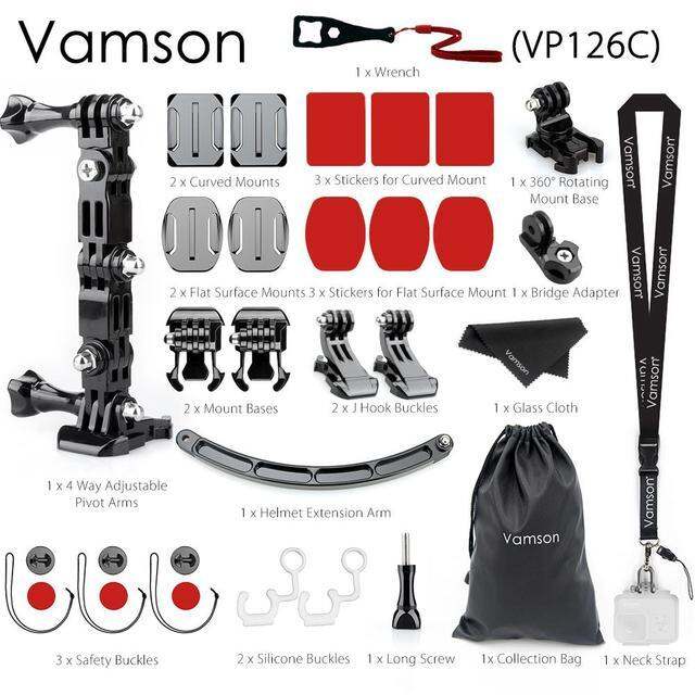 vamson-ชุดหมวกกันน็อคอุปกรณ์เสริมสำหรับ-gopro-hero-8-7-6-5ชุด4ทางแบบปรับได้แขนหมุนสายคล้องคอสำหรับ-yi-สำหรับ-vp126c-sjcam