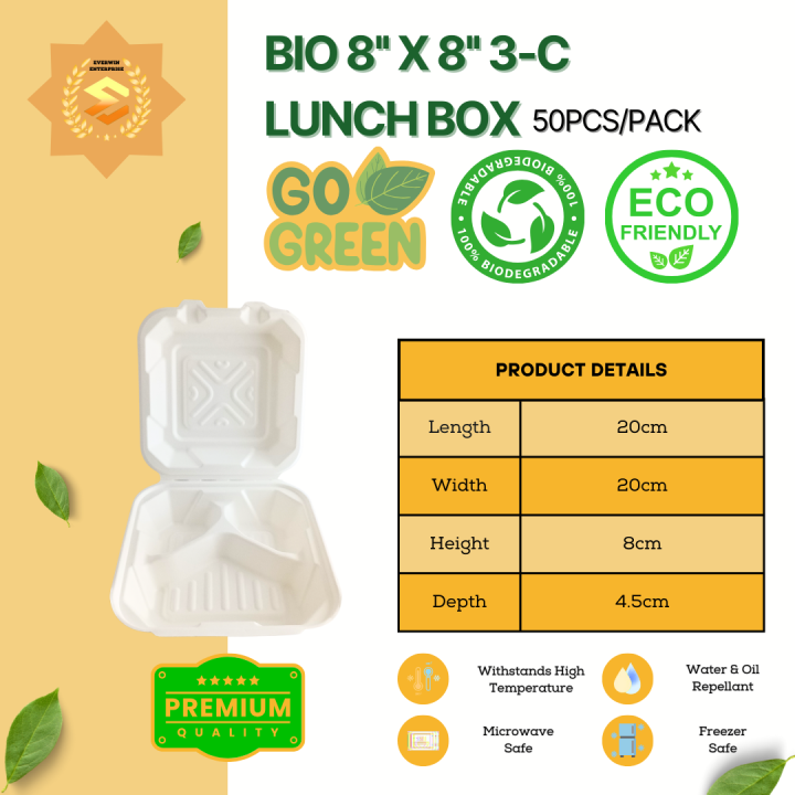 Biodegradable 8'' Lunch Box 50Pcs Per Pack / Single or 3 Compartment