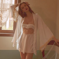 Sexy Pajamas Sets Womens Thin Silk Sleepwear Sets Classic Embroidery Sling Lace Bath Gown Wedding Night Dress Robe with Belt