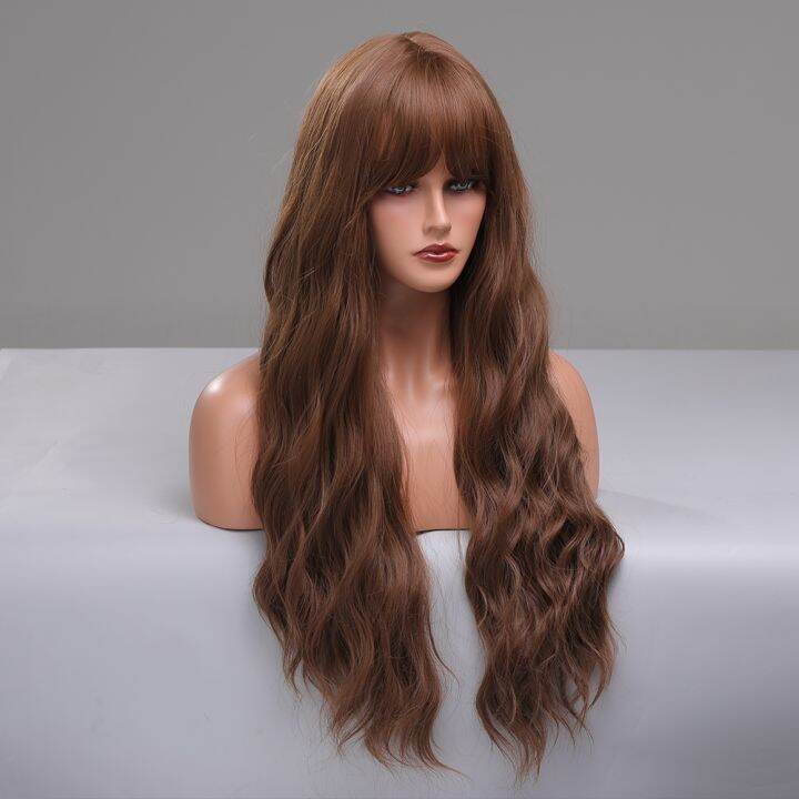 louis-ferre-วิกผมลอนยาวสีน้ำตาลหยักสังเคราะห์วิกผมสีน้ำตาลน้ำผึ้งมีหน้าม้าไฟเบอร์อุณหภูมิสูงสำหรับผู้หญิงผิวดำทนความร้อน