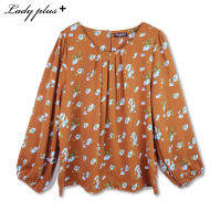 Lady Plus เสื้อจับจีบคอลายดอกไม้ | Floral Print Blouse เสื้อแขนยาว เสื้อทำงาน สีน้ำตาล