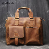 LACHIOUR Crazy Horse Leather Handbag Male Travel 15.6 inch Laptop Bag Male Vintage A4 Document Shoulder Bag Brand Briefcase Tote