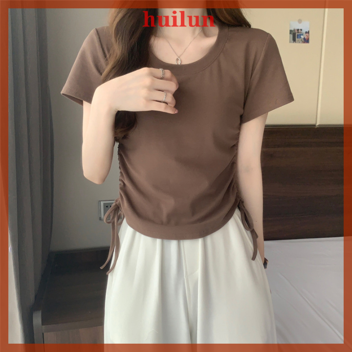 เสื้อยืดสายกระเป๋าสีพื้นฤดูร้อนแฟชั่น-huilun-เสื้อผู้หญิงคอกลมแขนสั้นตัดด้านบน