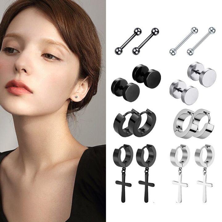 1-12-pairs-earrings-stainless-steel-cross-earrings-men-s-women-s-earrings-small-huggie-hoop-cross-earrings-jewelry-accessories-adhesives-tape