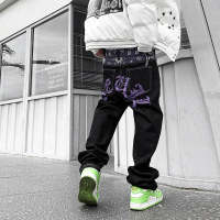 2023 Harajuku Fesyen High Street Hiphop Lelaki ยีนส์ Lurus Lebar Kaki Denim Seluar Y2k Percetakan Bera Baggy กางเกงยีนส์สีดำ