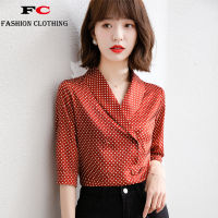 FC Trendy shirt womens summer French short-sleeved shirt V-neck polka-dot shirt design niche sense of light familiar wind thin top