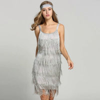 KK1920s Great Gatsby ชุด Slash คอ Strappy Tiered Fringe ชุด Vintage Flapper Party ชุดแฟนซีเครื่องแต่งกาย Headbandq11