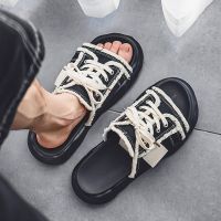 【Ready】? 2023 new slippers mens summer wear non-slip niche mens beach slippers dissolving bottom flip-flops thick-soled sandals