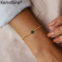 Kemstone กำไลข้อมือโซ่เชื่อมโยงชุบทองเพชรสังเคราะห์สีเขียวเหล็กสแตนเลสกลมสำหรับเป็นของขวัญเครื่องประดับของผู้หญิง