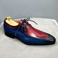 Mens Oxford Shoes Vintage Blue and Red Mixed Colors Design Cow Leather Dress Shoes Formal Business Office Lace Up Shoes