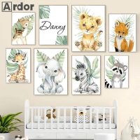 Sumanssa Plant Leaf Jungle Animal Nursery Canvas Print - Child Custom Name โปสเตอร์ภาพวาด Lion Elephant Wall Art Picture Kids Room Decor