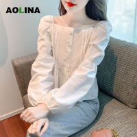 AOLINA เสื้อแขนยาวเสื้อเชิ้ตลายตุ๊กตาสั้นสำหรับผู้หญิง,ฉบับภาษาเกาหลีใหม่ฤดูใบไม้ผลิและฤดูร้อนเสื้อมีแขนพองดีไซน์โดดเด่นกว่า2023