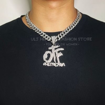 【CW】ULJ 12mm Hip Hop Bling Rhinestone Cuban Link Chain for Women Men Silver Color OTF Letter Pendant Necklaces Jewelry