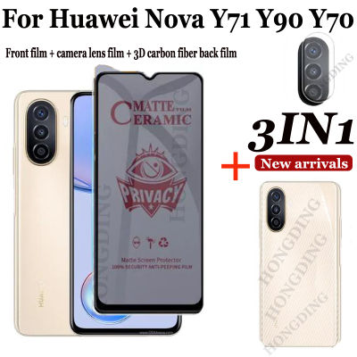 3IN ฟิล์มเซรามิก1 Huawei Nova Y71/Y70/Y70 Plus เพื่อความเป็นส่วนตัว Huawei Y71 Nova Y90 10SE ปกป้องหน้าจอ Huawei Y71 Nova เลนส์กล้องถ่ายรูปป้องกันความเป็นส่วนตัวหน้าจอคลุมทั้งหมดฟิล์มเซรามิกและฟิล์มหลังคาร์บอนไฟเบอร์