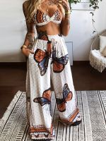 xixibeauty Boho Butterfly Print Two-piece Set, Crop Cami Top &amp; Wide Leg Pants Outfits, Womens Clothing