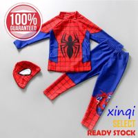 (M-4XL) ชุดว่ายน้ำเด็ก เซ็ต 3 ชิ้น แขนยาว+กางเกงขาสั้น+หมวก Spider man สีดำ และสีแดง สต็อกพร้อม