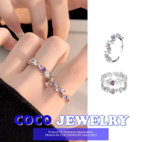 เครื่องประดับ Cocojelry 925 SilverSweet สไตล์สีม่วงเพชร Zircon หัวใจเปิดดาวมุมแหวนผู้หญิงซอกสไตล์เย็นหรูหราแสงแหวนเฉพาะตัว