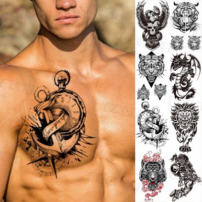 DIY Compass Ship Anchor Temporary Tattoos For Men Adult Fake Lion Tiger Dragon Astronaut Tattoo Sticker Unique Waterproof Tatoos
