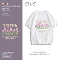 CHIC ผ้าฝ้ายแท้ เสื้อยืดแขนสั้นลำลองพิมพ์ลายช่อดอกไม้สวยงาม A0473