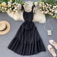 ZZOOI FMFSSOM Summer Spring Holiday Beach Double Rufles Spaghetti Strap Multi Colors Midi Women Female Dress