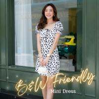 PATTERN.P D042 : B&amp;W Friendly Dress มินิเดรสแขนตุ๊กตาลายจุดดำ ดีไซน์สวยตรงโบว์และช่วงอกเข้ารูป ใส่แล้วดูเพรียวสวย