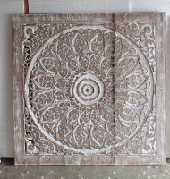 Mandala Wood Carving Panel 90 x 90 cm White Wash Lotus Wooden Plaque Wall Art Hanging Mandala Bohemian Wooden Plaque Home Decor Chiang Mai Wood Thai Art ไม้แกะสลัก 90 x 90 cm