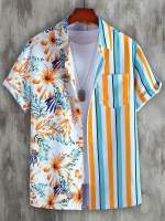 Men Random Colorful Striped &amp; Tropical Print Patched Pocket Shirt Without Tee