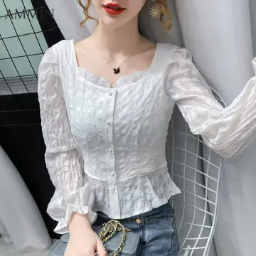 Korean Style Loose White Long Shirt for Women Pleated Waist Long Sleeve  Casual Blouse Girls Top