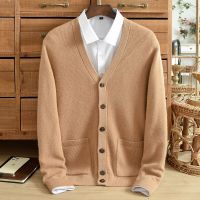 Winter Natural Pure Cashmere Cardigan Mens V-neck Button Pocket Middle Age Knitted Loose Large Coat Casual Thickened Sweater