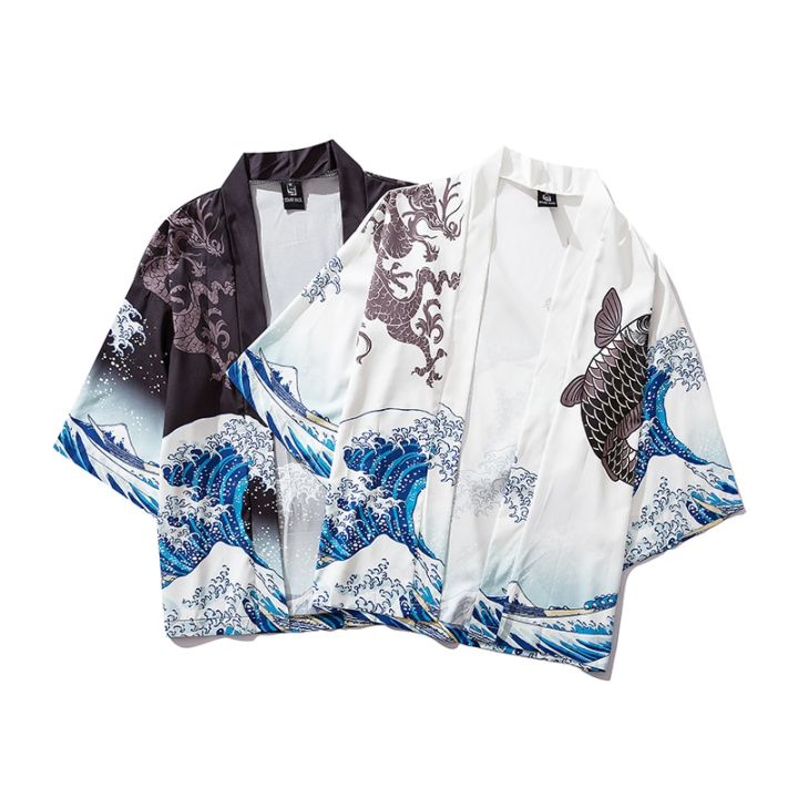 yukata-ผู้ชายผู้หญิงญี่ปุ่นเสื้อคาร์ดิแกน-kimono-ดำ1คนเสื้อผ้าญี่ปุ่นแบบดั้งเดิมโค้ทพิมพ์ลายคลื่นญี่ปุ่นฮาโอริคลื่นญี่ปุ่น