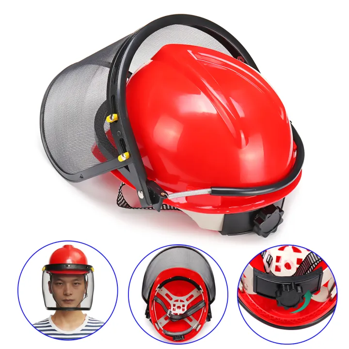 RED Chainsaw Safety Helmet Mesh Visor Farmer Worker Working Helmet