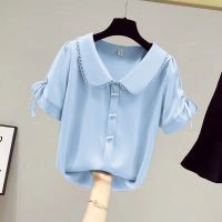 COD dhdfxcz Blouse Women Shirt Peter Pan Collar Short Sleeve Chiffon Shirt Casual Wear