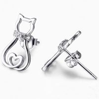 New Creative Fashion Earrings Cute Hollow Zircon Cat Ear Studs Temperament Sweet Cat Animal Ear Jewelry