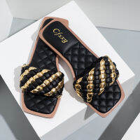 Fashion Slippers Women Square Toe Sandels Black Gold Summer Shoes Outdoor Ladies Slides Flip Flops Plus Size 42 Fashion Shoes